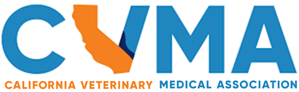 California Veterinary Medical Association logo with large blue CVMA letters, an orange California state silhouette forming the V, and the full organization name written below
