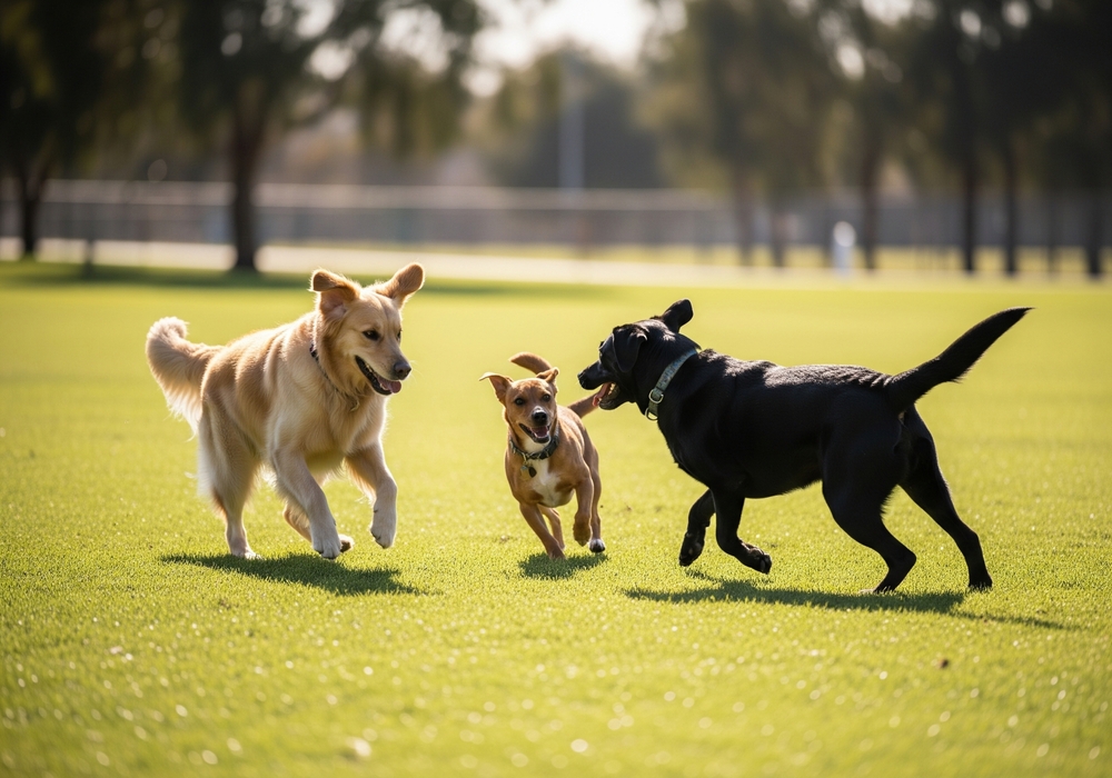 Three dogs running in a grassy park, representing active pet wellness care from Pet Depot Veterinary Group in La Verne
