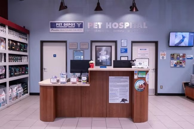 Pet Depot Veterinary Group reception desk inside the La Verne vet hospital 